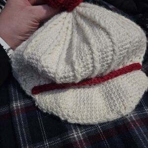 Vintage Cozy Knit Cream and Red Hat (Some Staining)